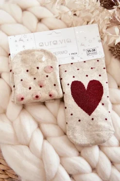Skarpetki|Skarpetki>Aura.via Damskie Antypoślizgowe Skarpetki W Serca I Kropki Beżowe