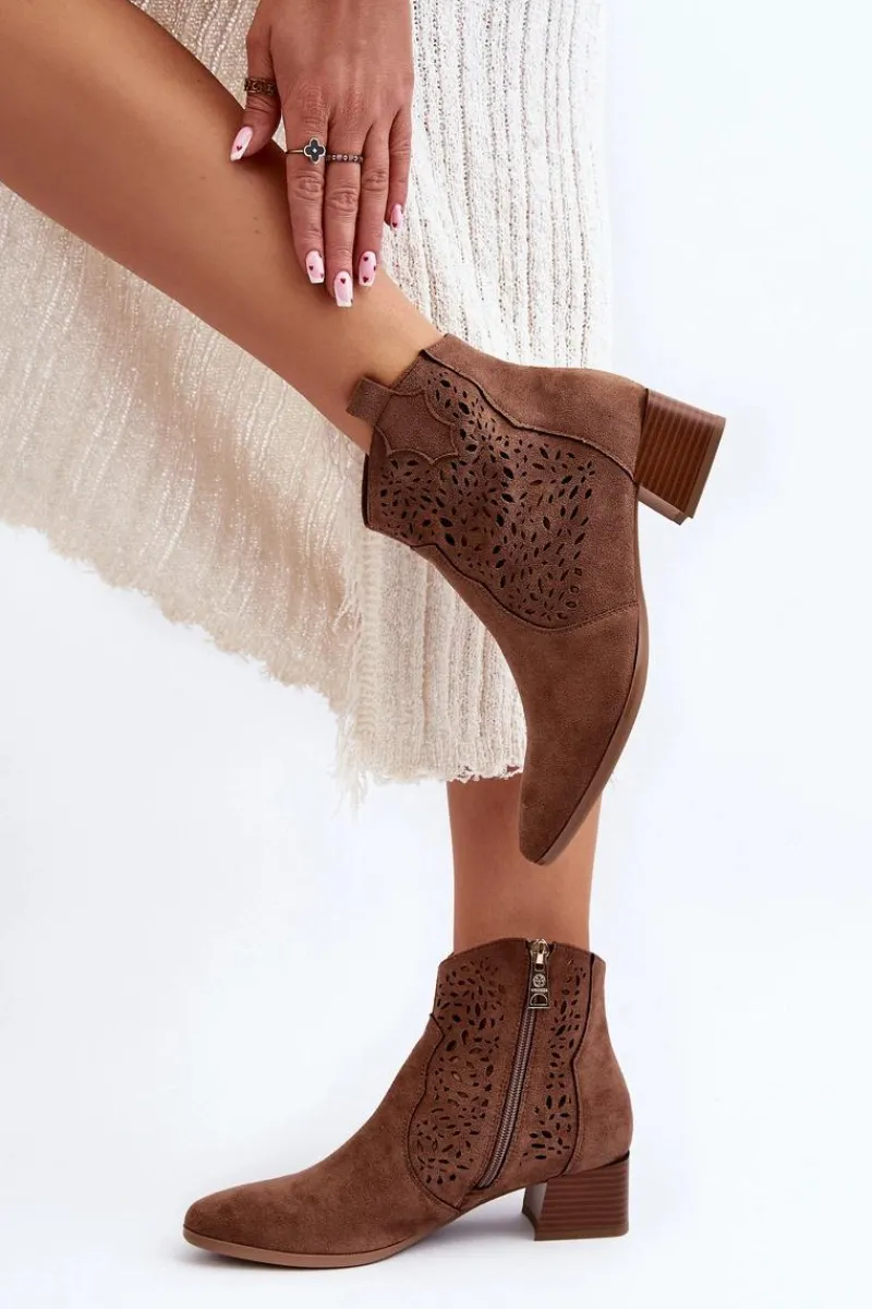 Discount Damskie Ażurowe Botki Brązowe Madalina Damskie Botki Wiosenne|Botki Na Słupku