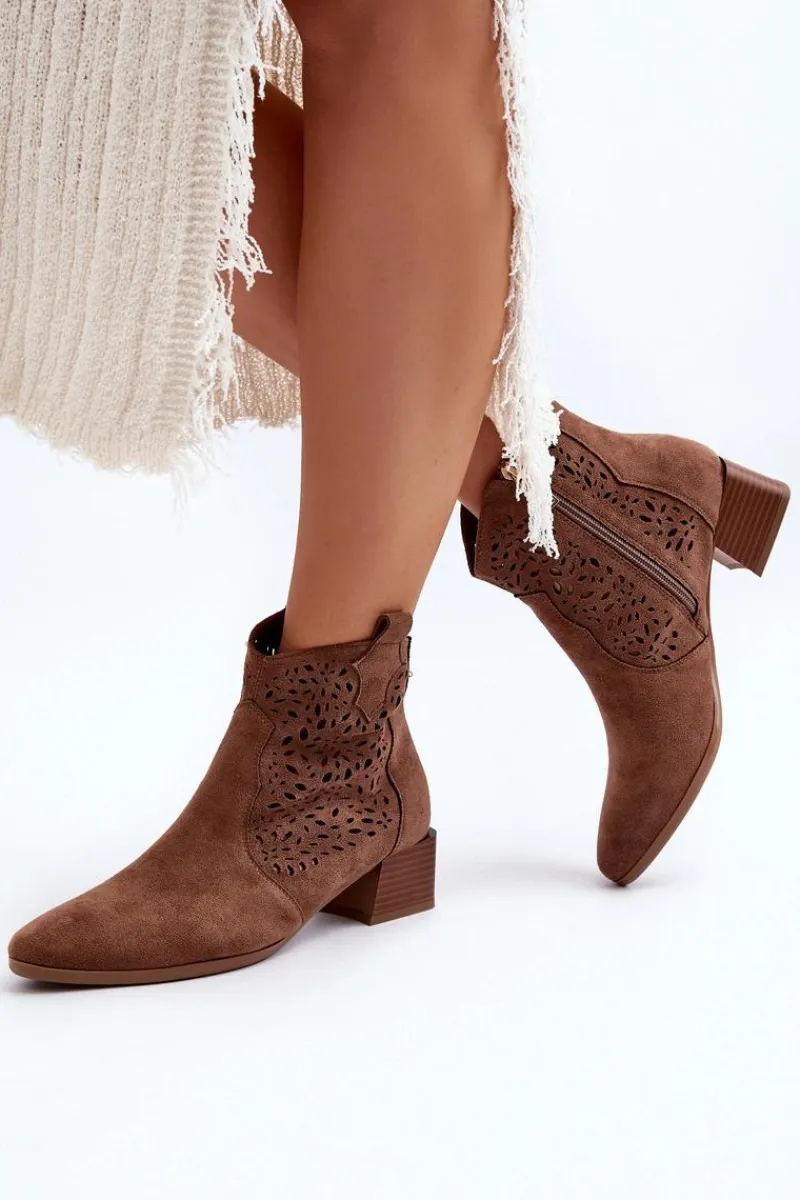 Discount Damskie Ażurowe Botki Brązowe Madalina Damskie Botki Wiosenne|Botki Na Słupku