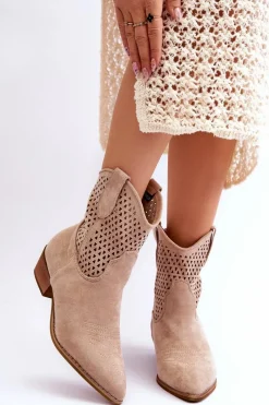 Botki Wiosenne|Botki Ażurowe>Boto Damskie Ażurowe Botki Kowbojki Beżowe Reeds