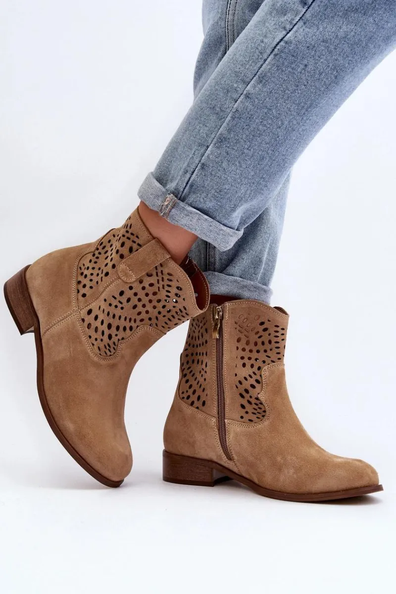 New Damskie Ażurowe Botki Lewski Shoes 3305/2 Beżowe Damskie Botki Wiosenne|Botki Skórzane