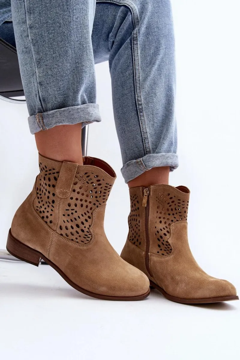 New Damskie Ażurowe Botki Lewski Shoes 3305/2 Beżowe Damskie Botki Wiosenne|Botki Skórzane