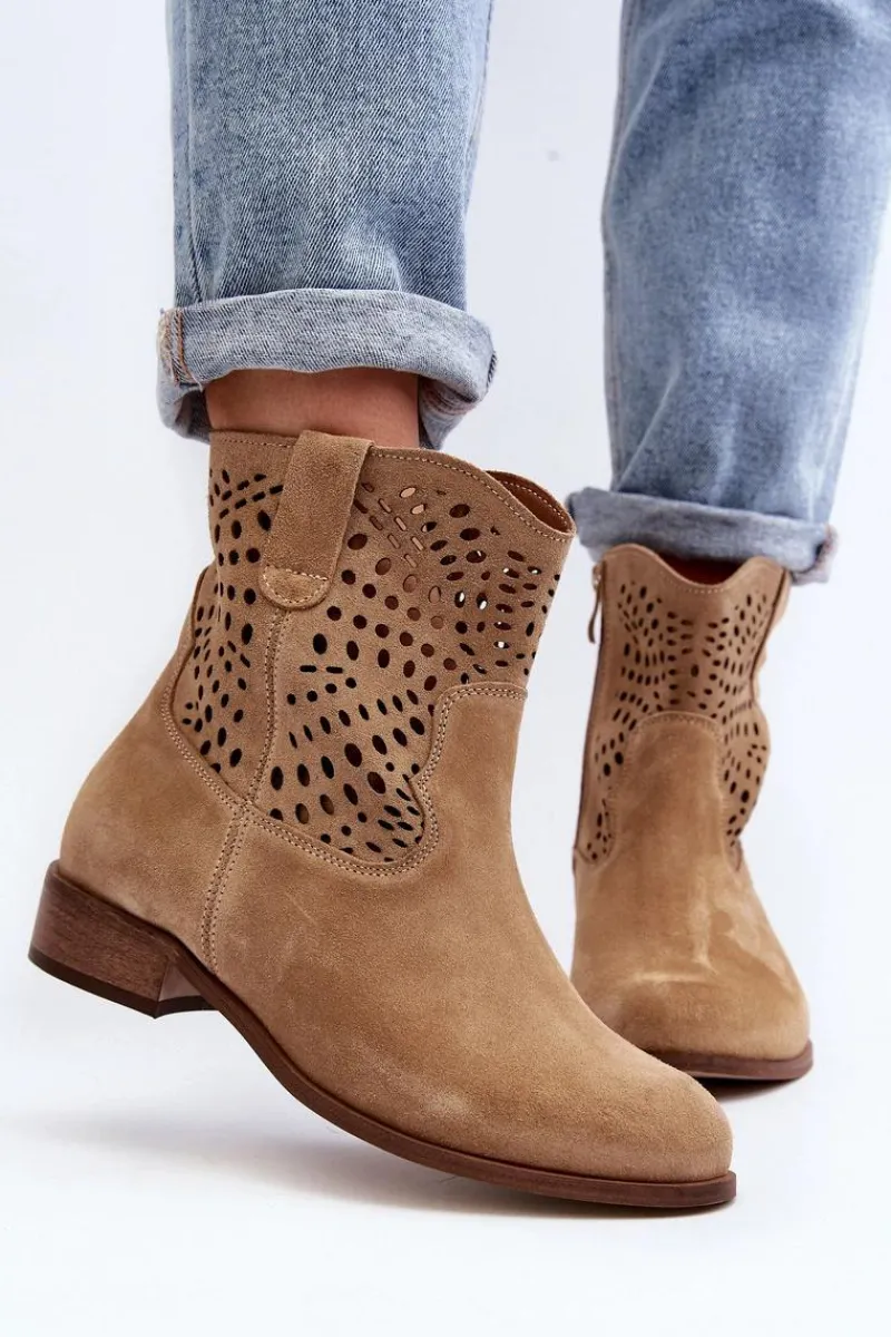 New Damskie Ażurowe Botki Lewski Shoes 3305/2 Beżowe Damskie Botki Wiosenne|Botki Skórzane