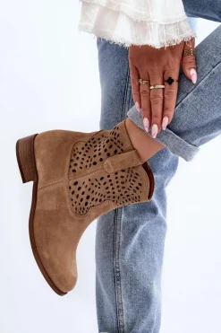 New Damskie Ażurowe Botki Lewski Shoes 3305/2 Beżowe Damskie Botki Wiosenne|Botki Skórzane