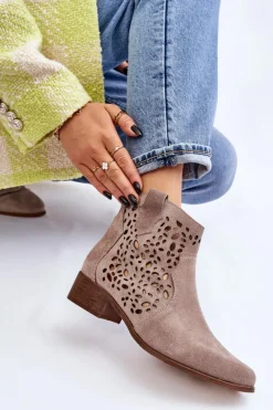 Best Damskie Ażurowe Botki Lewski Shoes 2909 Jasnobrązowe Damskie Botki Wiosenne|Botki Ażurowe