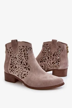 Best Damskie Ażurowe Botki Lewski Shoes 2909 Jasnobrązowe Damskie Botki Wiosenne|Botki Ażurowe