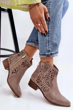 Best Damskie Ażurowe Botki Lewski Shoes 2909 Jasnobrązowe Damskie Botki Wiosenne|Botki Ażurowe