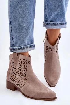 Best Damskie Ażurowe Botki Lewski Shoes 2909 Jasnobrązowe Damskie Botki Wiosenne|Botki Ażurowe