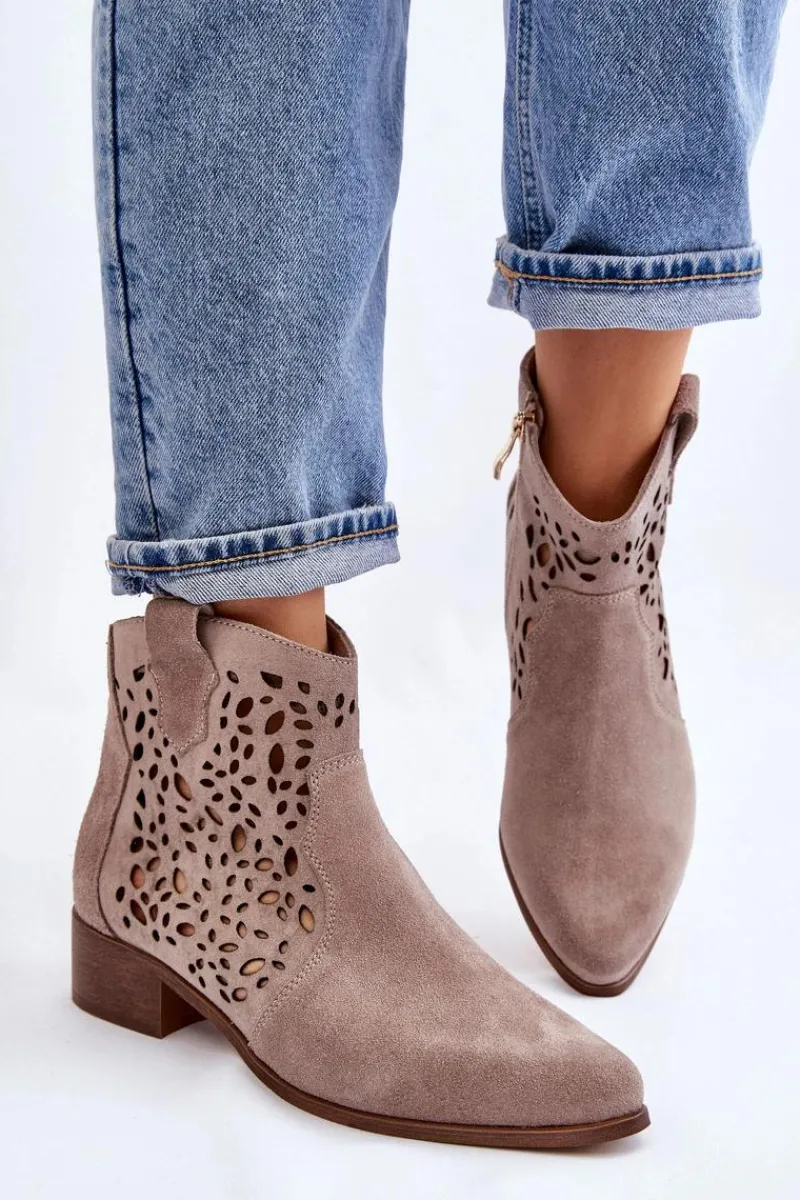 Best Damskie Ażurowe Botki Lewski Shoes 2909 Jasnobrązowe Damskie Botki Wiosenne|Botki Ażurowe