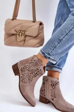 Best Damskie Ażurowe Botki Lewski Shoes 2909 Jasnobrązowe Damskie Botki Wiosenne|Botki Ażurowe