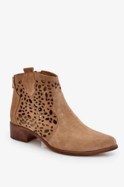 Botki Wiosenne|Botki Ażurowe>Boto Damskie Ażurowe Botki Lewski Shoes 2909 Ciemnobeżowe