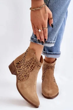 Botki Wiosenne|Botki Ażurowe>Boto Damskie Ażurowe Botki Lewski Shoes 2909 Ciemnobeżowe