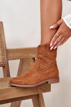 Clearance Damskie buty S.Barski Damskie Ażurowe Botki Na Płaskim Obcasie Camel S.Barski HY42-135