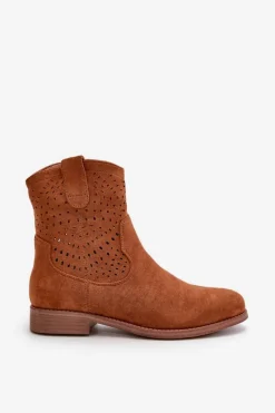 Clearance Damskie buty S.Barski Damskie Ażurowe Botki Na Płaskim Obcasie Camel S.Barski HY42-135