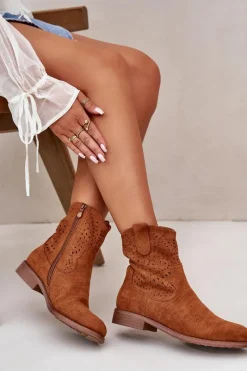 Clearance Damskie buty S.Barski Damskie Ażurowe Botki Na Płaskim Obcasie Camel S.Barski HY42-135