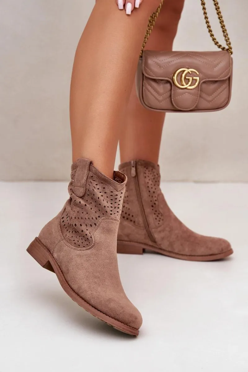 Outlet Damskie Ażurowe Botki Na Płaskim Obcasie Brązowe S.Barski HY42-135 Damskie Botki Wiosenne|Botki Ażurowe