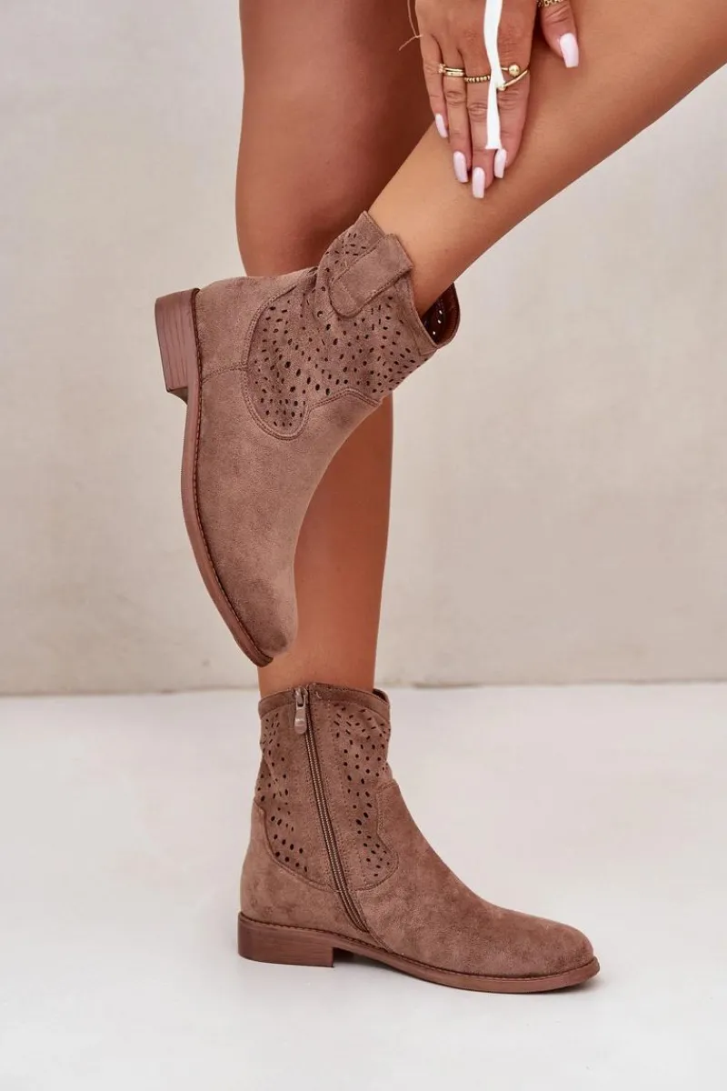 Outlet Damskie Ażurowe Botki Na Płaskim Obcasie Brązowe S.Barski HY42-135 Damskie Botki Wiosenne|Botki Ażurowe