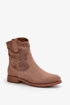 Outlet Damskie Ażurowe Botki Na Płaskim Obcasie Brązowe S.Barski HY42-135 Damskie Botki Wiosenne|Botki Ażurowe