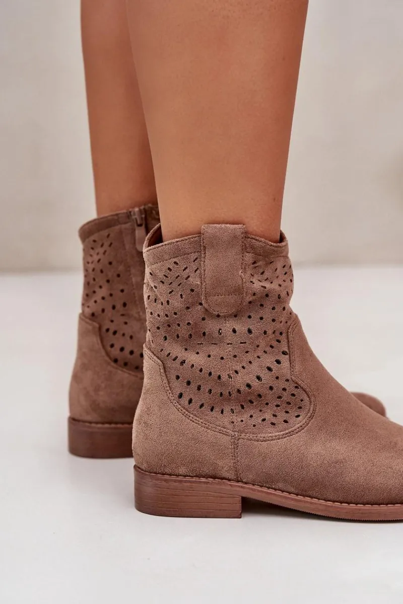 Outlet Damskie Ażurowe Botki Na Płaskim Obcasie Brązowe S.Barski HY42-135 Damskie Botki Wiosenne|Botki Ażurowe