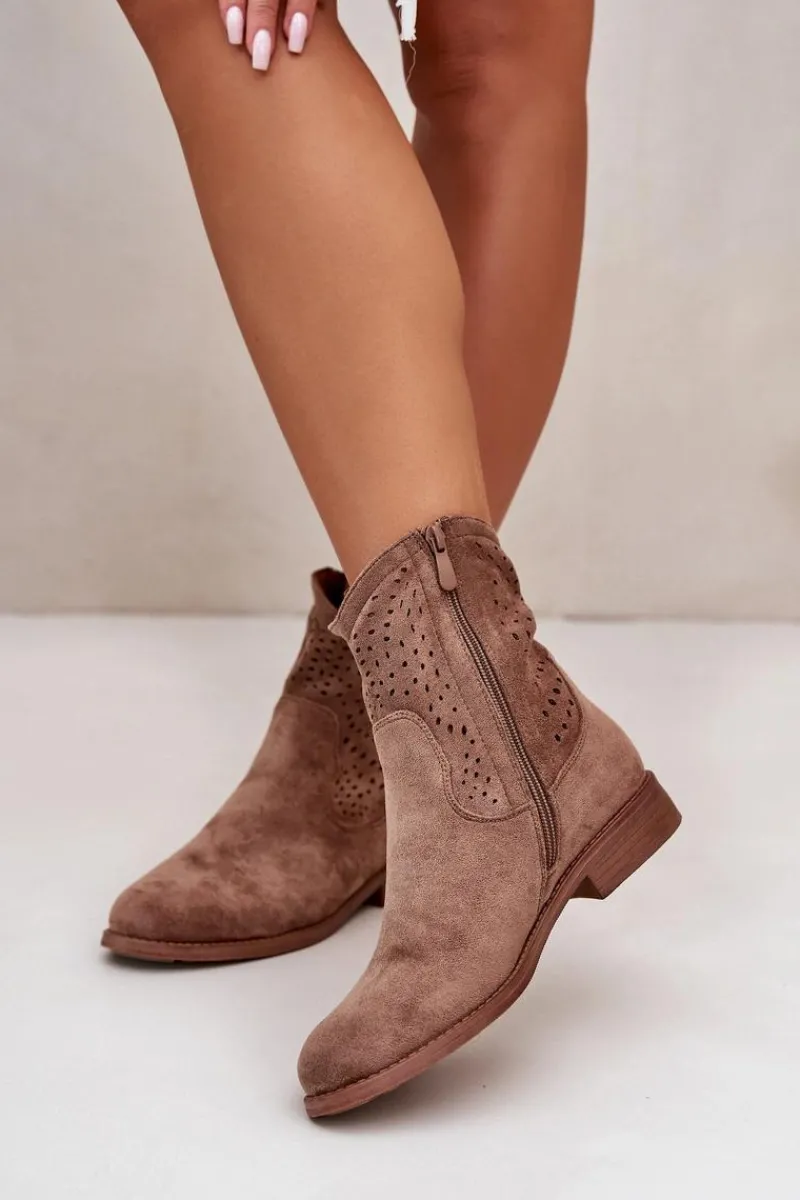 Outlet Damskie Ażurowe Botki Na Płaskim Obcasie Brązowe S.Barski HY42-135 Damskie Botki Wiosenne|Botki Ażurowe