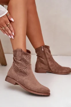 Outlet Damskie Ażurowe Botki Na Płaskim Obcasie Brązowe S.Barski HY42-135 Damskie Botki Wiosenne|Botki Ażurowe