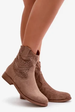 Outlet Damskie Ażurowe Botki Na Płaskim Obcasie Brązowe S.Barski HY42-135 Damskie Botki Wiosenne|Botki Ażurowe