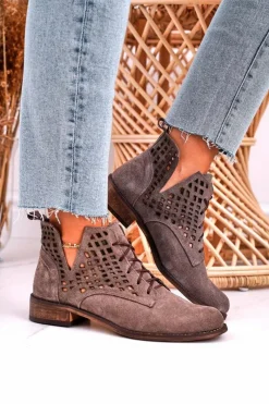 Best Damskie Ażurowe Botki Zamszowe Brązowe Susannah Damskie Botki Wiosenne|Botki Sznurowane