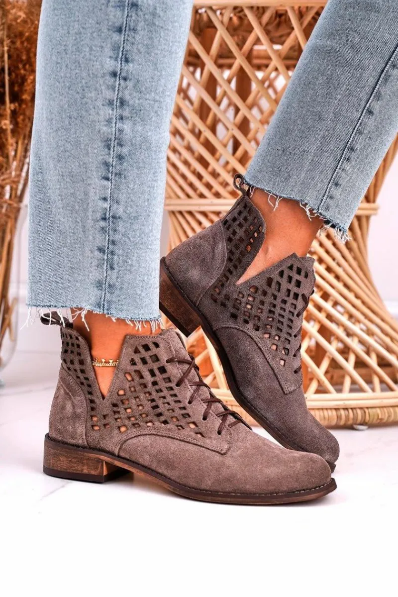 Best Damskie Ażurowe Botki Zamszowe Brązowe Susannah Damskie Botki Wiosenne|Botki Sznurowane