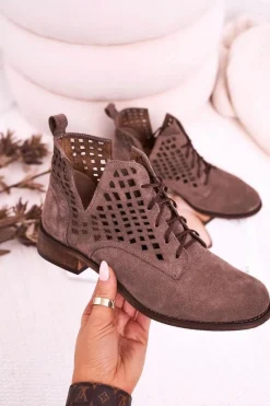 Best Damskie Ażurowe Botki Zamszowe Brązowe Susannah Damskie Botki Wiosenne|Botki Sznurowane