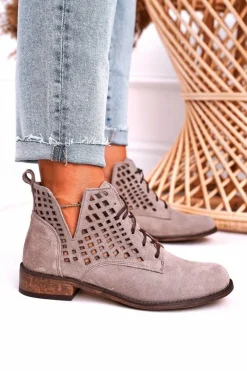 Botki Wiosenne|Botki Sznurowane>Boto Damskie Ażurowe Botki Zamszowe Cappuccino Susannah