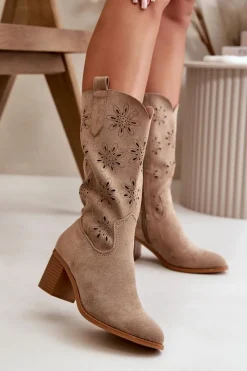 Kozaki Ażurowe|Kozaki Na Obcasie>Boto Damskie Ażurowe Kozaki Do Połowy Łydki Z Eko Zamszu Beżowe Nevilos