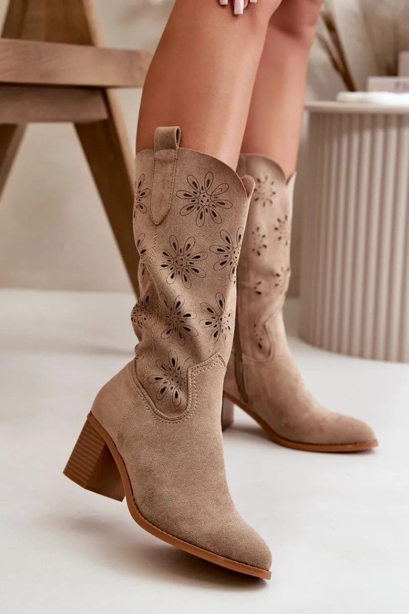 Kozaki Ażurowe|Kozaki Na Obcasie>Boto Damskie Ażurowe Kozaki Do Połowy Łydki Z Eko Zamszu Beżowe Nevilos