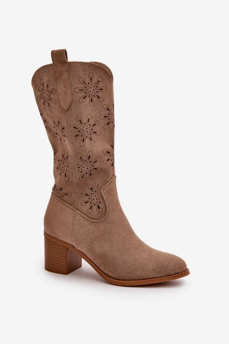 Kozaki Ażurowe|Kozaki Na Obcasie>Boto Damskie Ażurowe Kozaki Do Połowy Łydki Z Eko Zamszu Beżowe Nevilos