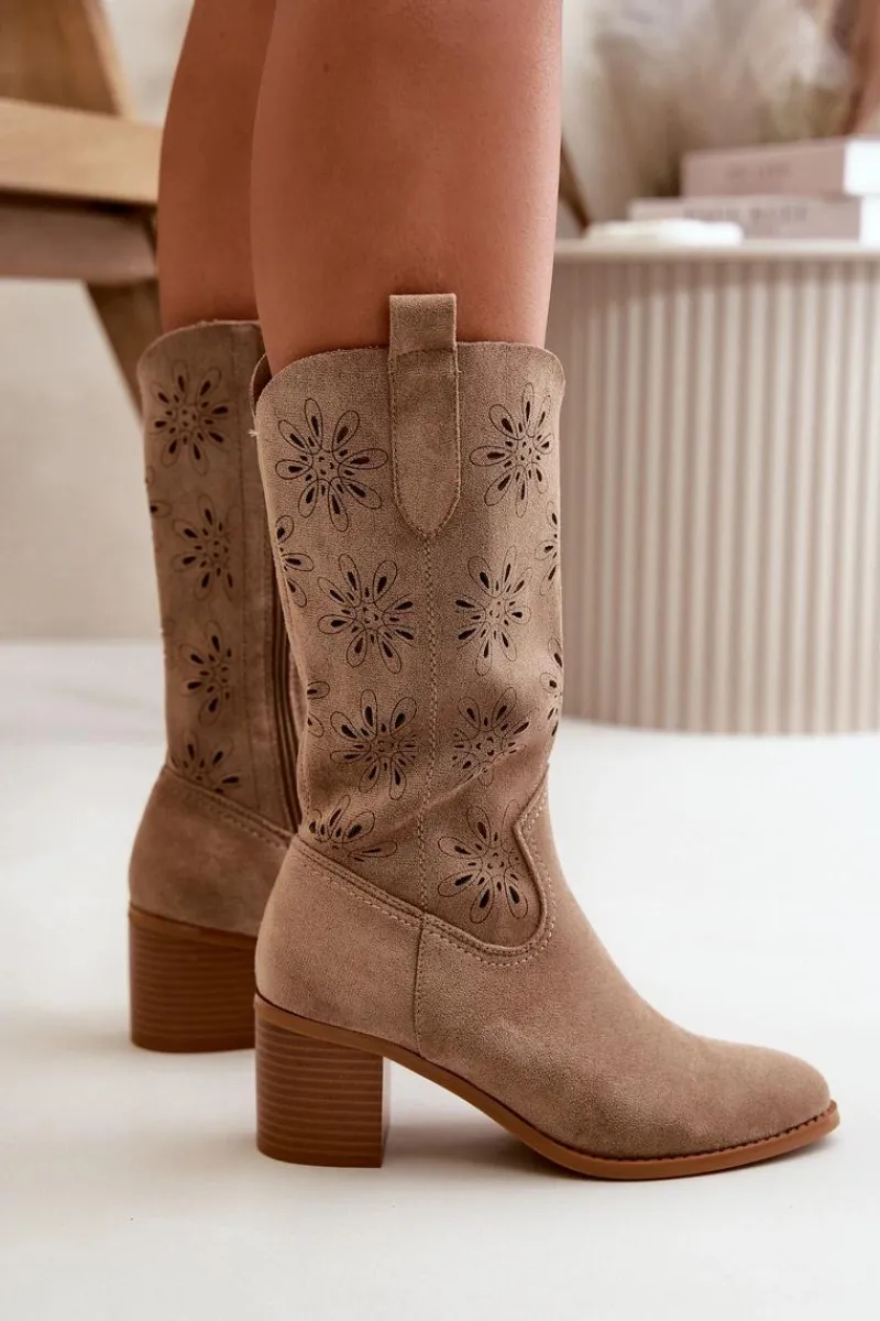 Kozaki Ażurowe|Kozaki Na Obcasie>Boto Damskie Ażurowe Kozaki Do Połowy Łydki Z Eko Zamszu Beżowe Nevilos