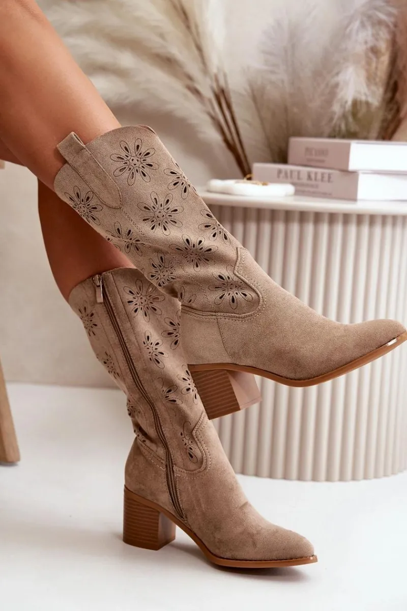 Kozaki Ażurowe|Kozaki Na Obcasie>Boto Damskie Ażurowe Kozaki Do Połowy Łydki Z Eko Zamszu Beżowe Nevilos