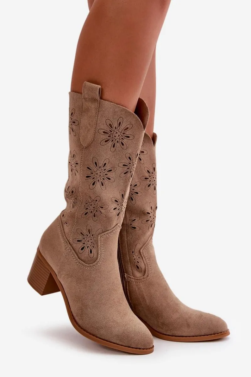 Kozaki Ażurowe|Kozaki Na Obcasie>Boto Damskie Ażurowe Kozaki Do Połowy Łydki Z Eko Zamszu Beżowe Nevilos