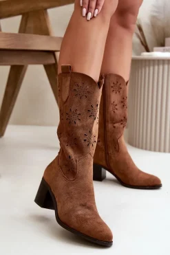 New Boto Damskie Ażurowe Kozaki Do Połowy Łydki Z Eko Zamszu Brązowe Nevilos