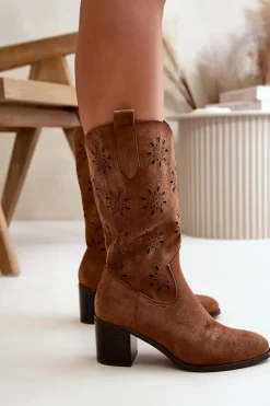 New Boto Damskie Ażurowe Kozaki Do Połowy Łydki Z Eko Zamszu Brązowe Nevilos