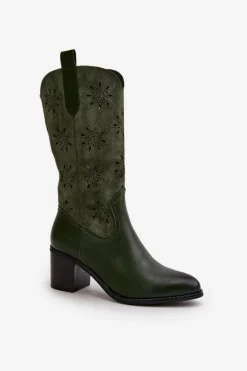 Best Damskie Ażurowe Kozaki Do Połowy Łydki Z Eko Zamszu Zielone Nevilos Damskie Kozaki Ażurowe|Kozaki Na Obcasie