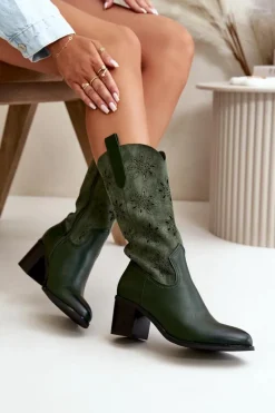 Best Damskie Ażurowe Kozaki Do Połowy Łydki Z Eko Zamszu Zielone Nevilos Damskie Kozaki Ażurowe|Kozaki Na Obcasie