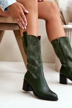 Best Damskie Ażurowe Kozaki Do Połowy Łydki Z Eko Zamszu Zielone Nevilos Damskie Kozaki Ażurowe|Kozaki Na Obcasie