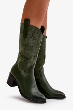 Best Damskie Ażurowe Kozaki Do Połowy Łydki Z Eko Zamszu Zielone Nevilos Damskie Kozaki Ażurowe|Kozaki Na Obcasie