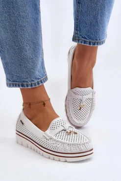 Damskie Ażurowe Mokasyny Białe Twista Damskie Mokasyny Damskie Skórzane