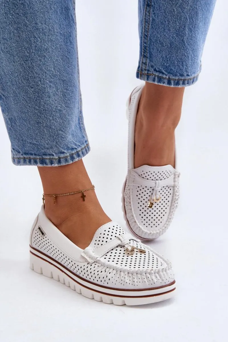 Damskie Ażurowe Mokasyny Białe Twista Damskie Mokasyny Damskie Skórzane