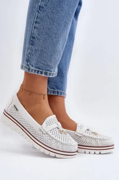 Damskie Ażurowe Mokasyny Białe Twista Damskie Mokasyny Damskie Skórzane