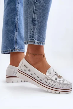 Damskie Ażurowe Mokasyny Białe Twista Damskie Mokasyny Damskie Skórzane