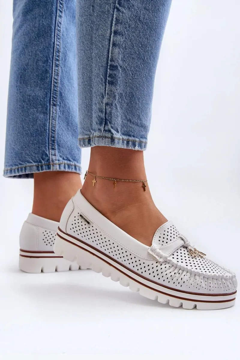 Damskie Ażurowe Mokasyny Białe Twista Damskie Mokasyny Damskie Skórzane