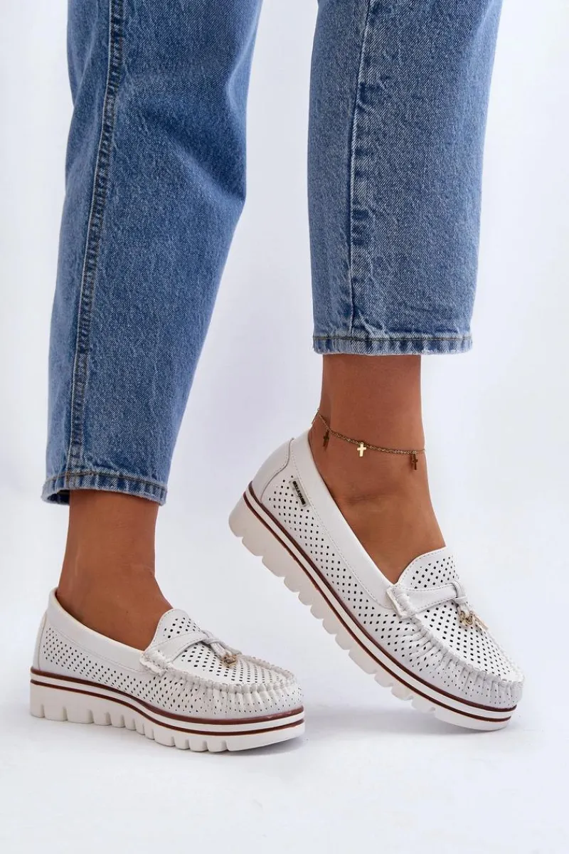 Damskie Ażurowe Mokasyny Białe Twista Damskie Mokasyny Damskie Skórzane