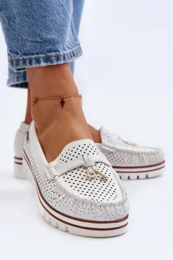 Damskie Ażurowe Mokasyny Białe Twista Damskie Mokasyny Damskie Skórzane