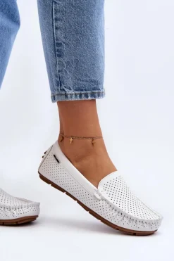 Online Boto Damskie Ażurowe Mokasyny Białe Rasirna